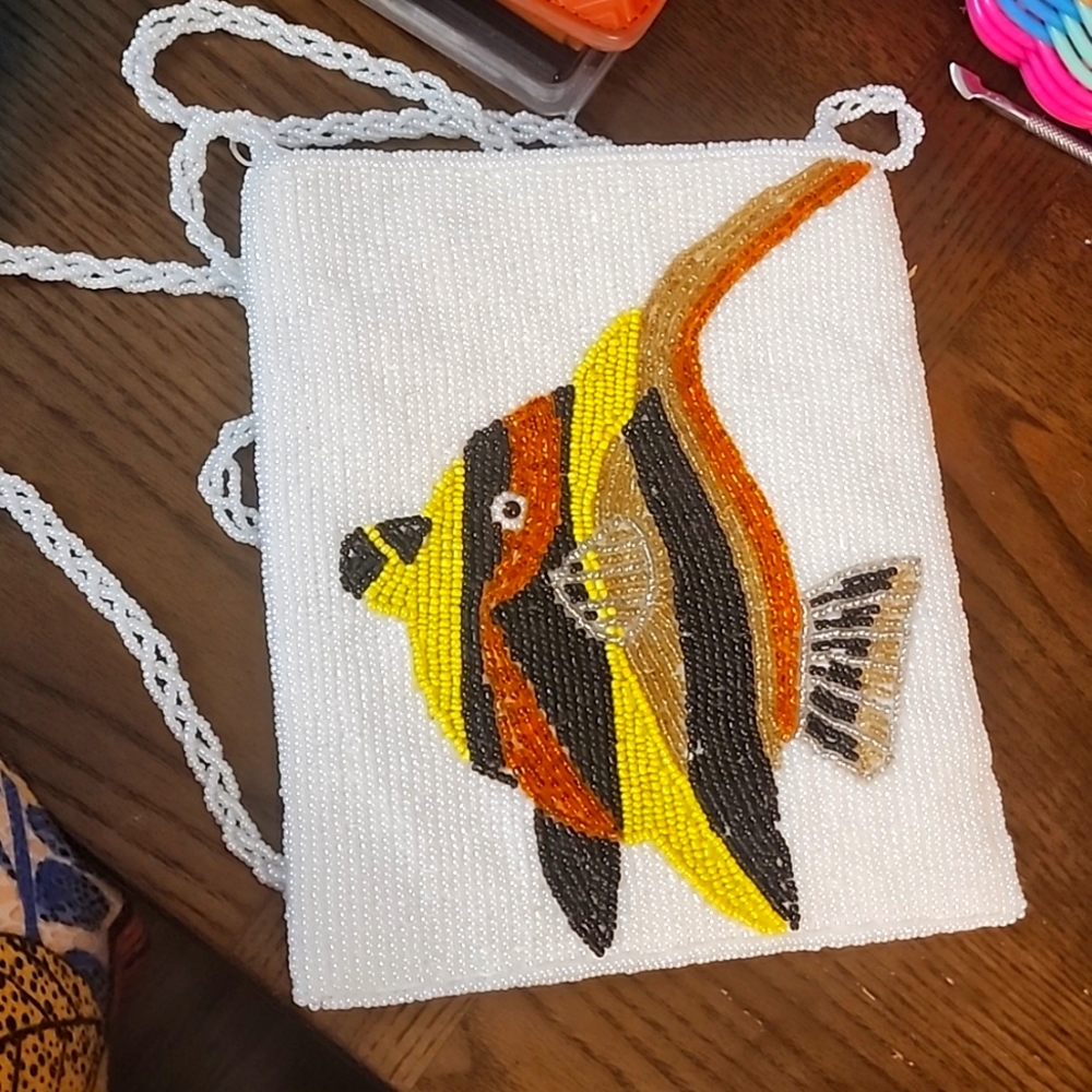 COPY - ERMO Pearl White Beaded Fish Shoulder/crossbody bag w/ Beaded Strap